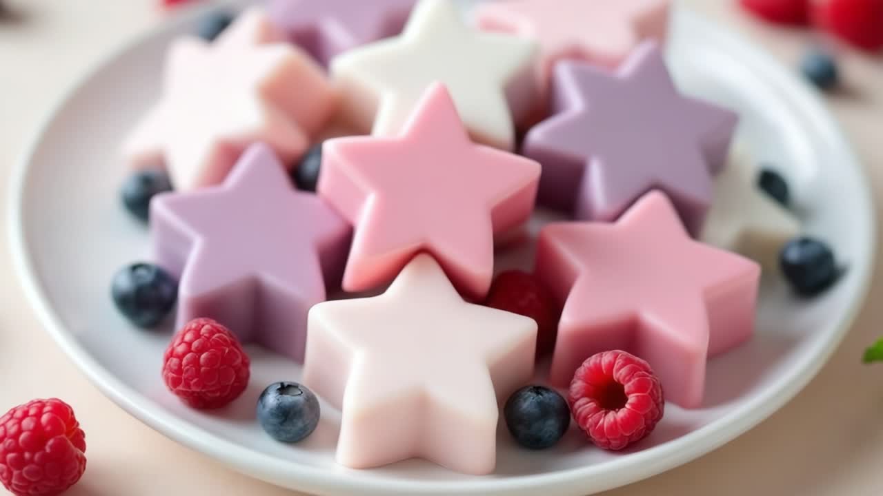 Colorful star-shaped soaps in various pastel shades are artistically arranged on a white plate, accompanied by fresh raspberries, blueberries, and mint leaves, creating a vibrant and inviting display