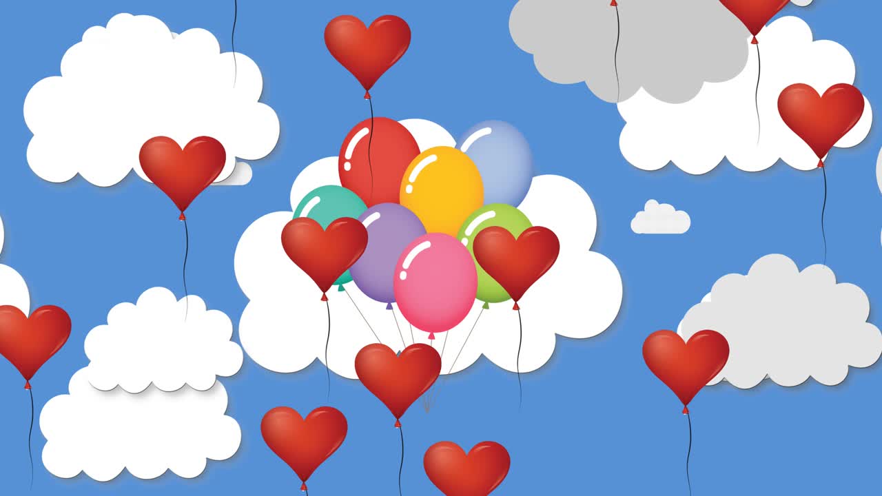 여러 개의 심장 모양의 풍선이 파란 하늘을 떠다니고 있습니다.