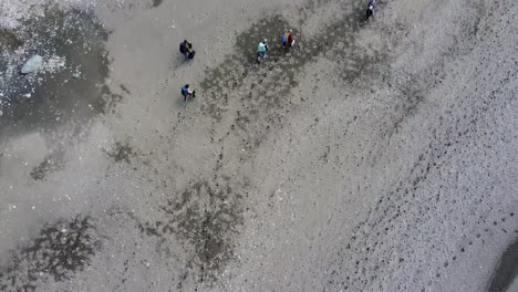 beautiful drone dolly flyover of people walking on a sandy beach in port renfrew, vancouver island, bc