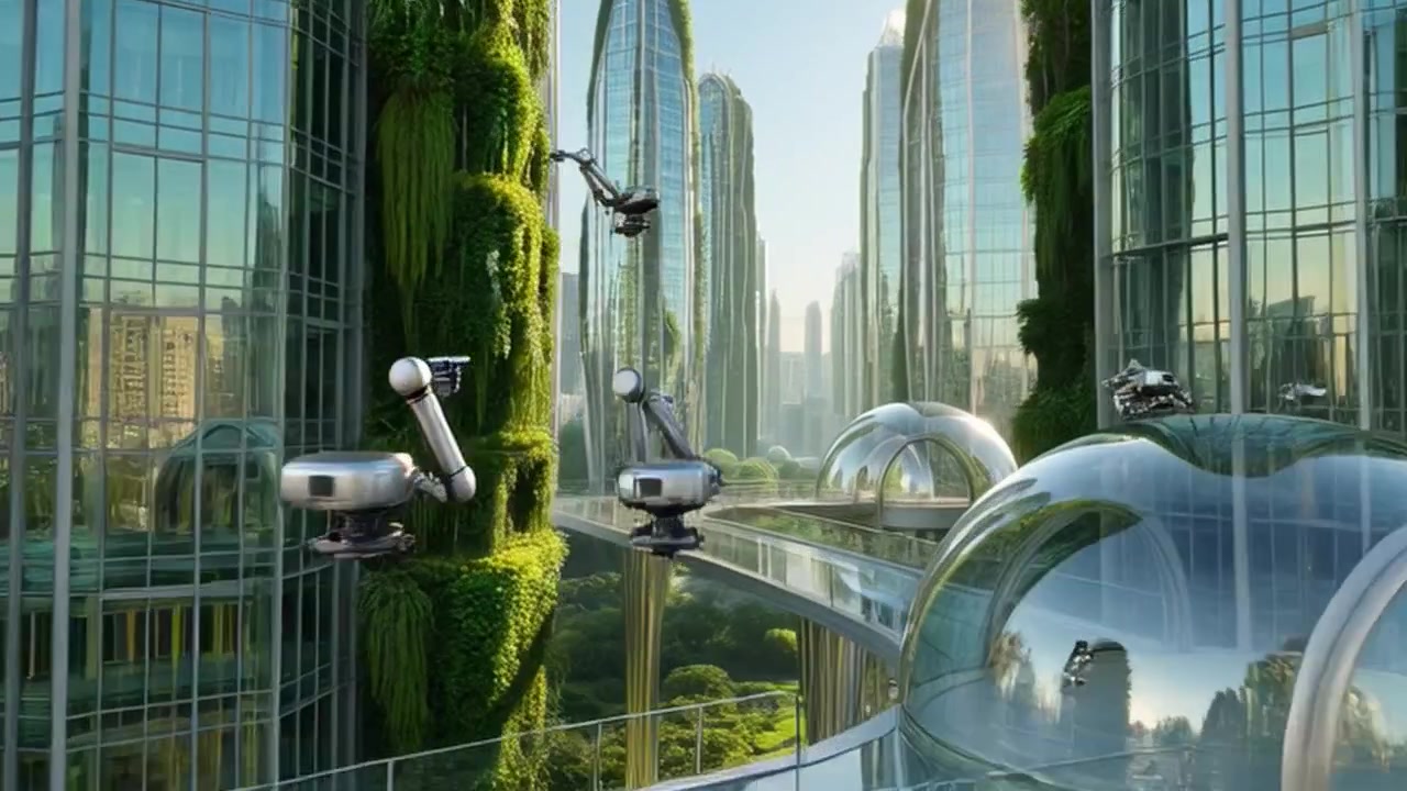 Futuristic City with Automated Transport and Robotic Maintenance