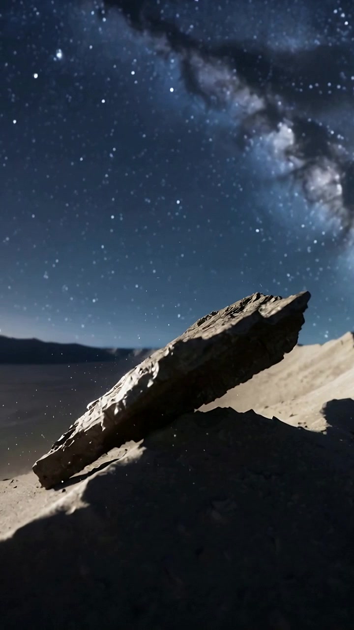 Video verticale: La telecamera si inclina rivelando una roccia inclinata su un pendio sabbioso, mentre riprende la Via Lattea sopra un lago.