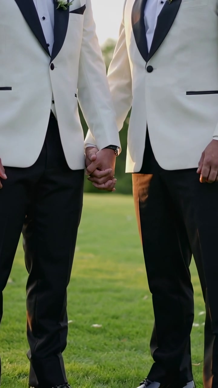 Vertical video: Before vows, holding hands, two grooms in white suits clasping on lawn with rings