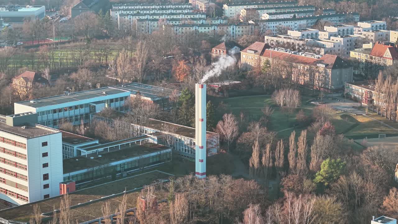 Berlin industrial area Germany capital city industry revolution factory plant, aerial drone