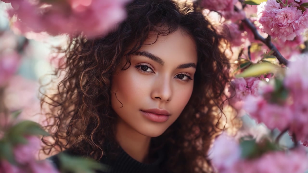 Um retrato sereno de uma jovem emoldurada por cerejeiras em flor, capturando sua beleza natural e a essência da primavera em um cenário floral vibrante