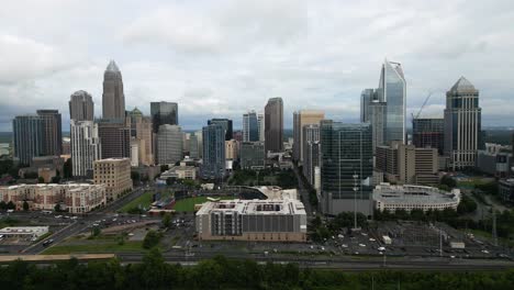 cloudy charlotte skyline aerial drone from right to left