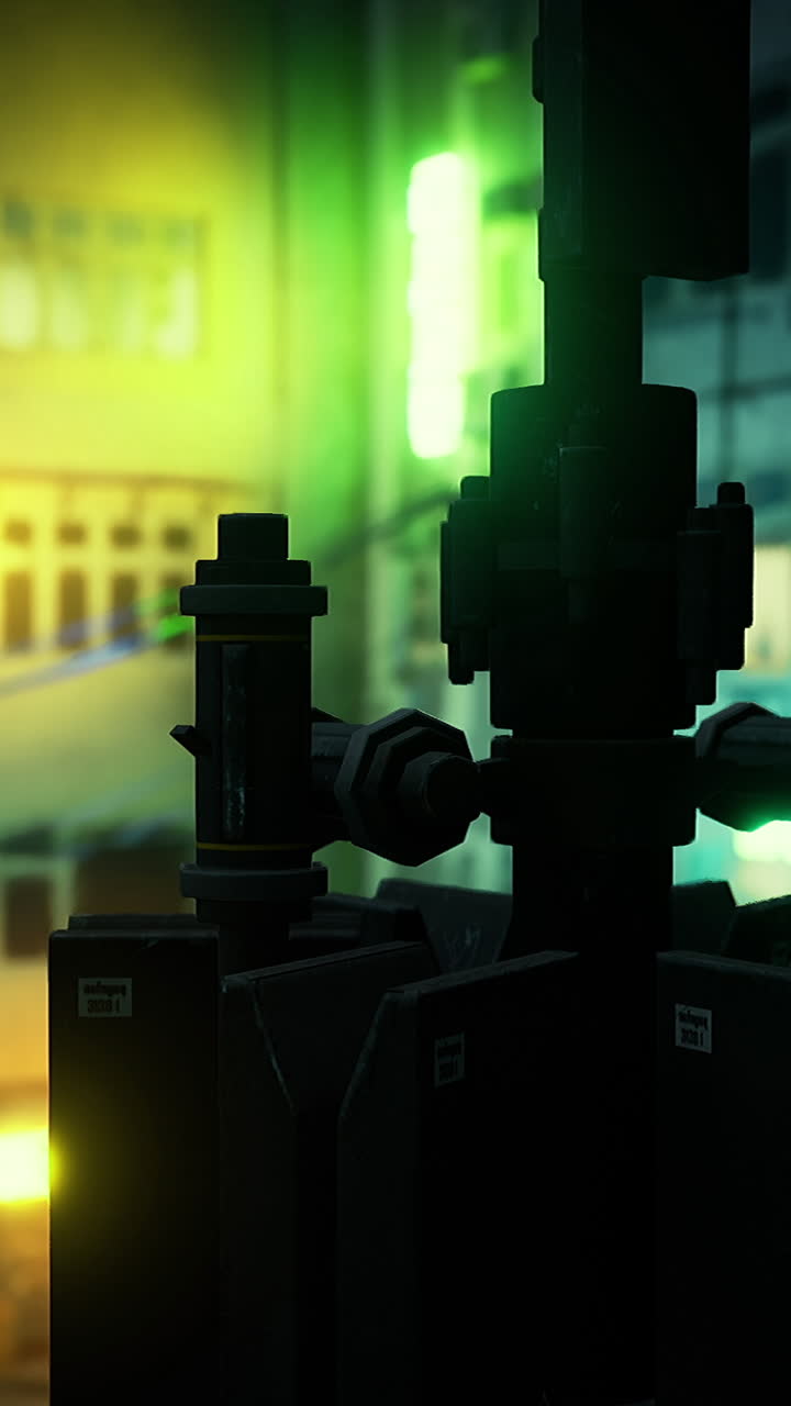 Urban night setting with colorful lights and electrical poles in a city