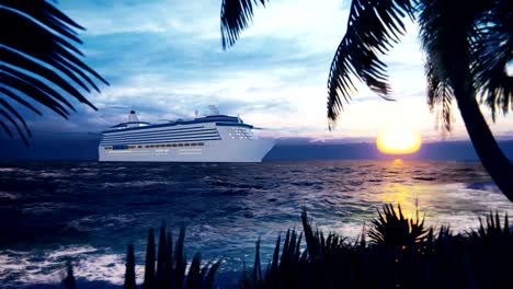 a luxury cruise ship docked near an island with palm trees and tropical plants in the wind at sunset. beautiful summer loop background.