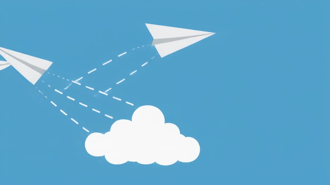 Two Paper Airplanes Flying Across a Blue Sky with Clouds