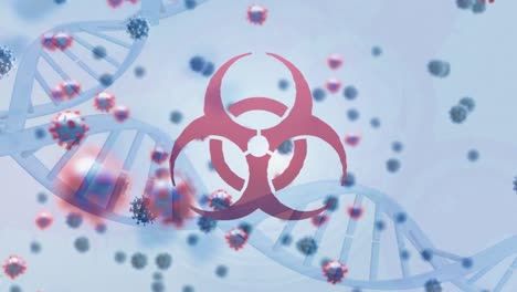 Animation-of-a-red-virus-sign-and-macro-Covid-19-cells-floating-on-blue-background