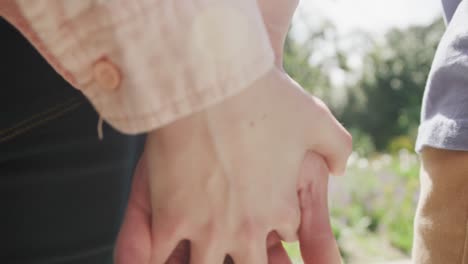 Diverse-couple-holding-hands-in-garden-on-sunny-day