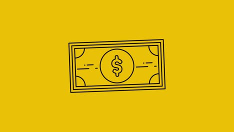 dollar banknote black icon animation.trim path animation.4k video.yellow background.