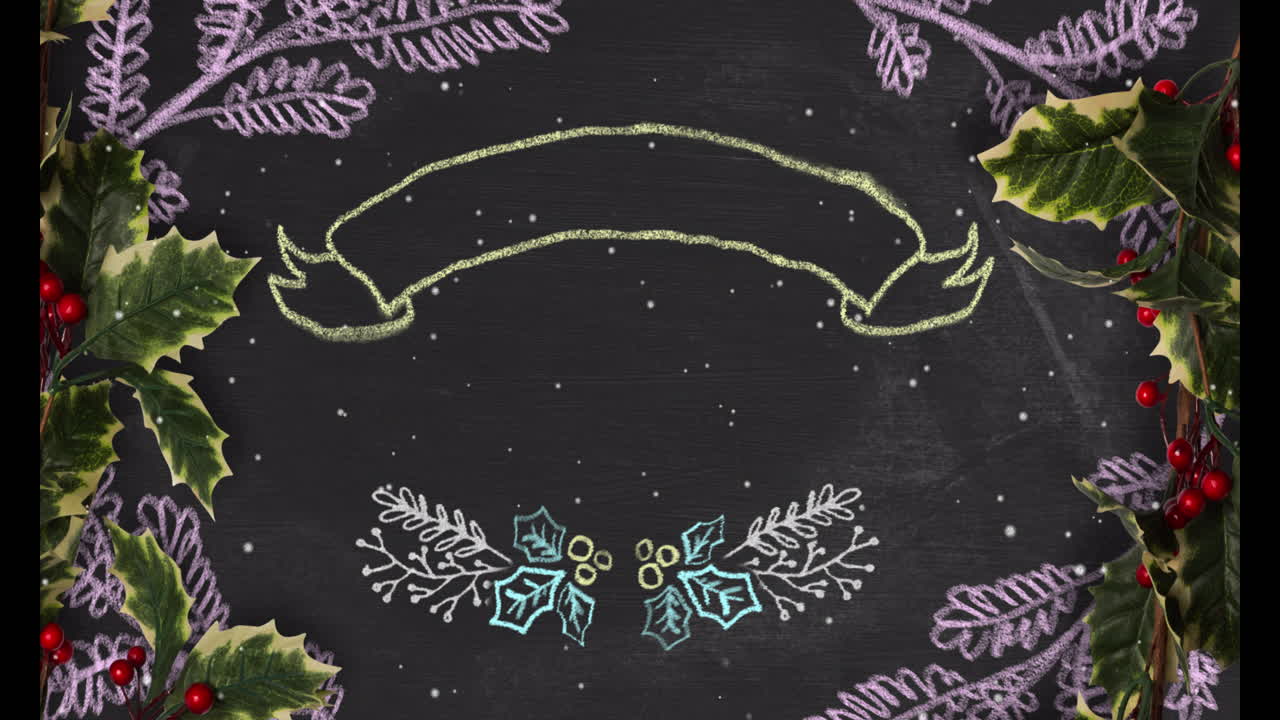 Animation of snow falling over holly and flags with copy space on black background