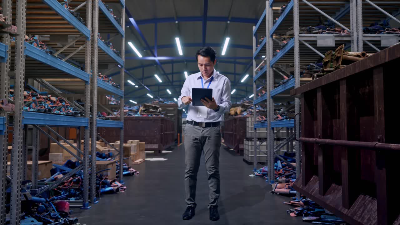 Full Body Side View Of An Asian Male Professional Worker Standing With His Tablet, Industrial Scrap Metal and Recycling Warehouse, Typing On His Tablet'S Keybaord With Meditation