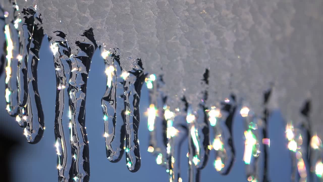Close-up video of icicles with sunlight reflecting off them, captured from a low angle