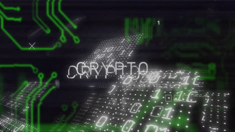 animation of crypto text over motherboard network and binary data processing on black