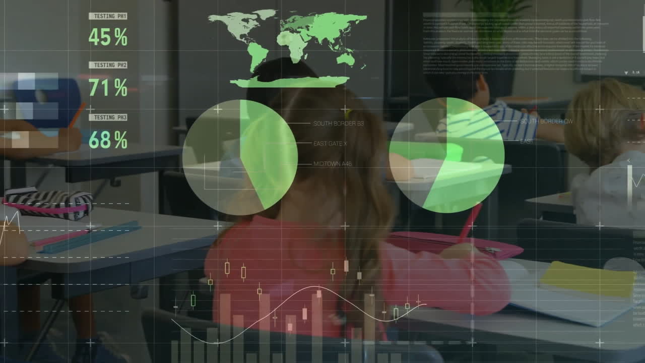 animación del procesamiento de datos en gráficos sobre diversos niños en la clase de escuela primaria