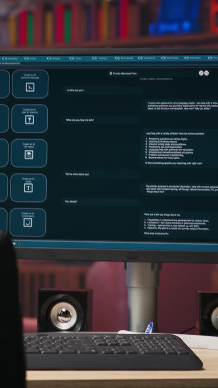 Vertical video PC in home office with AI LLM chatbot answering user prompts