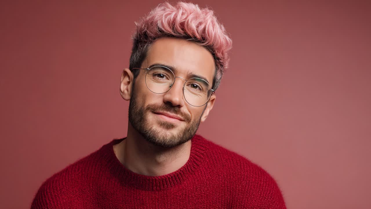 A Stylish Individual with Pink Hair and Glasses Smiling Confidently in a Cozy Red Sweater Against a Soft Pink Background, Showcasing Modern Trends and Personal Expression