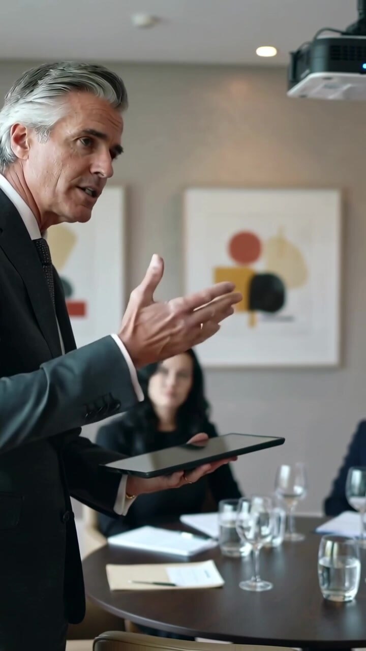 Vertical video: Gesturing exec in suit holding tablet after cue, guiding talk at table, copy space