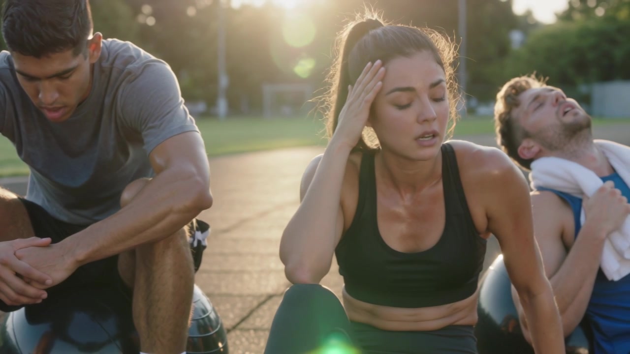 Tre amici che riposano e ansimano sulla pista dopo l'allenamento, seduti su palle mediche con un asciugamano, in abbigliamento sportivo.