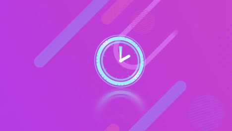 Animation-of-digital-clock-over-bars-and-circles-against-purple-background