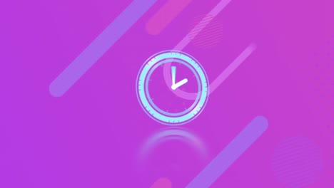 animation of digital clock over bars and circles against purple background