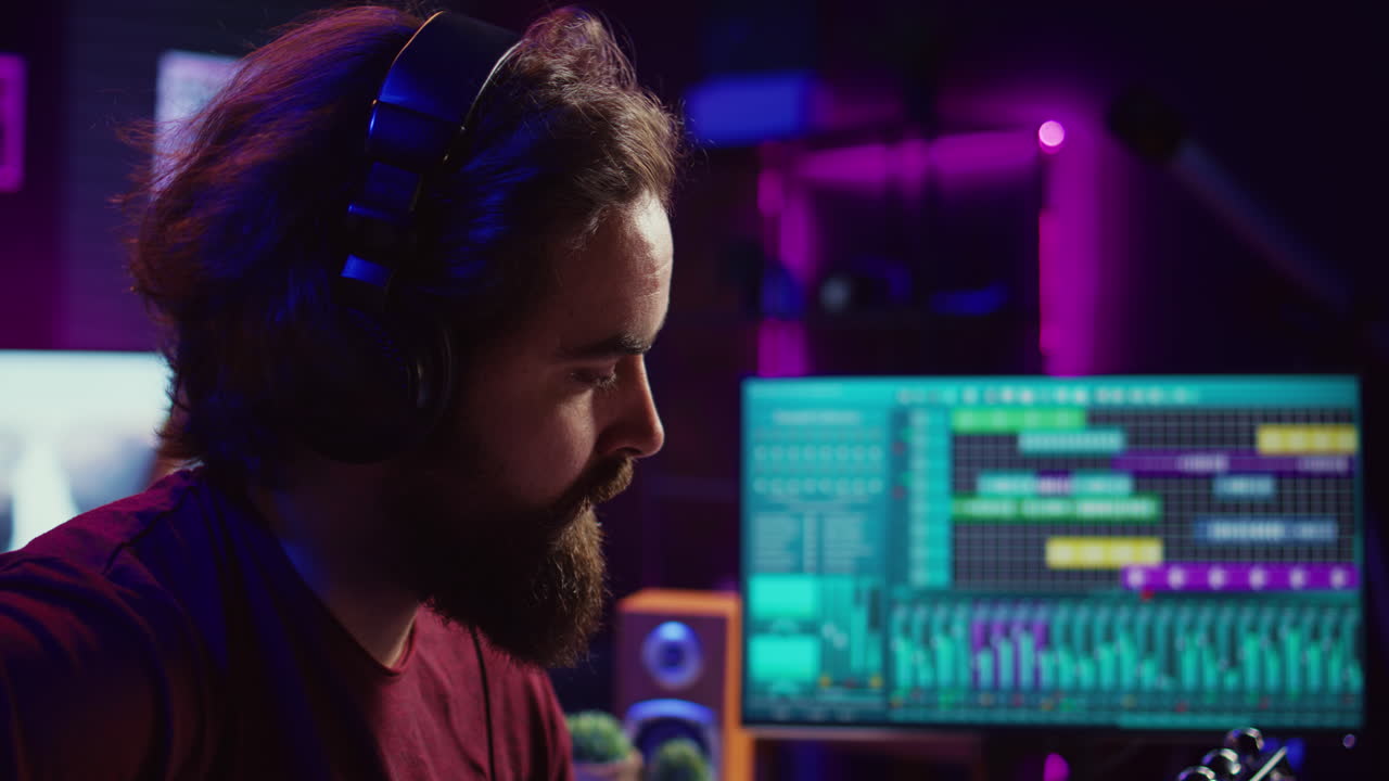 compositor profesional tocando la guitarra y usando la caja de sonido