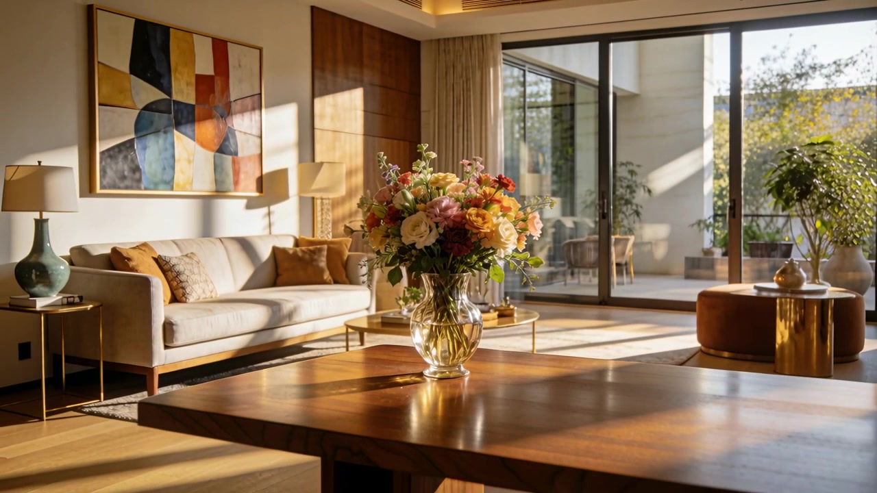 Kamera se oddaluje, odhaluje sluneční světlo v obývacím pokoji, zvýrazňuje kytici ve skleněné váze na dřevěném stole.