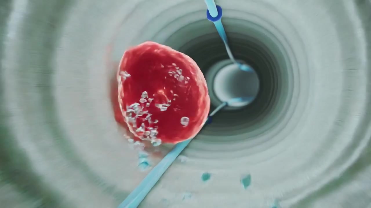 Drifting red disc particle shedding drops on contact, rotating in tube, two probes guiding deeper