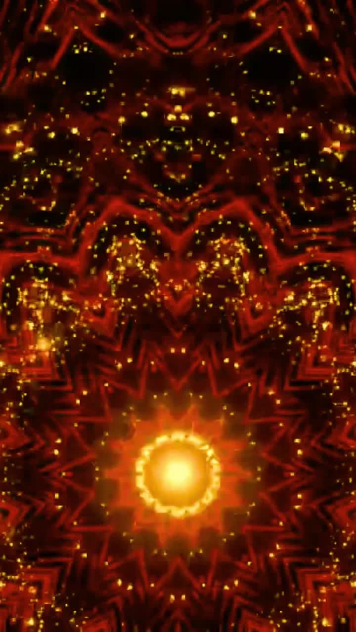 Vibrant Golden Red Abstract Kaleidoscope with Shimmering Particles
