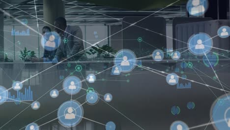 animation of network of connections with icons over diverse group of business people