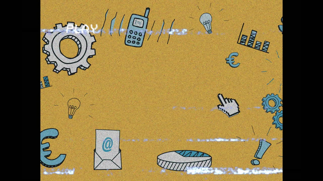 노란색 배경의 여러 비즈니스 개념 아이콘에 대한 vhs 오류 효과의 디지털 애니메이션