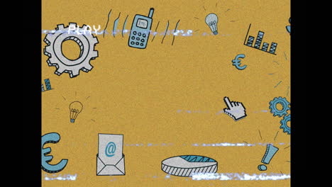 animación digital del efecto de falla de vhs sobre múltiples iconos de concepto de negocio en fondo amarillo