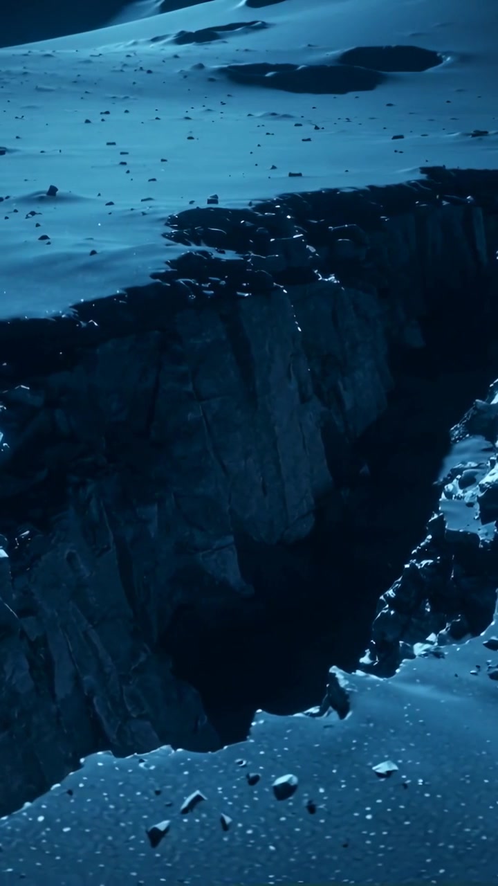 Vertical video: Shifting camera revealing deep chasm on barren cratered plain showing depth, strata