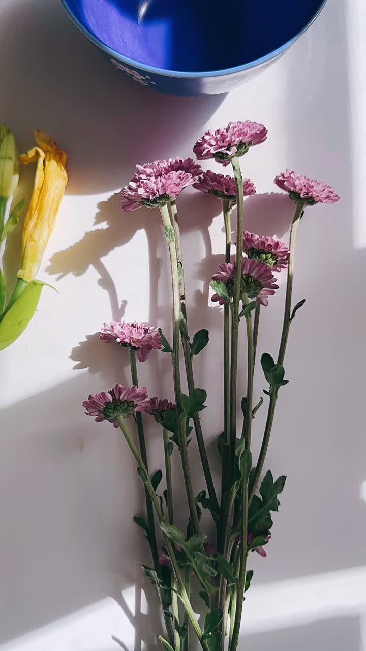 ramo de crisantemo púrpura en superficie blanca con cuenco azul