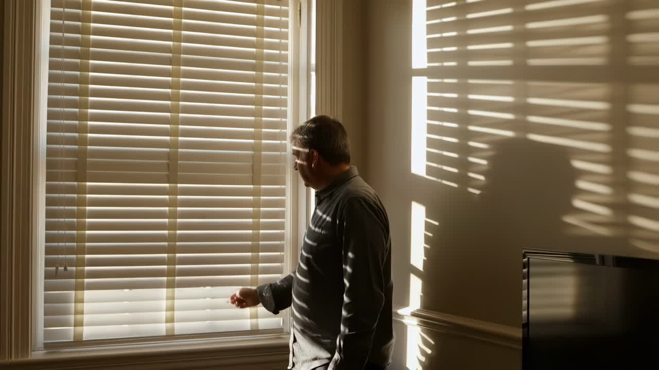 Un hombre mirando a través de las persianas con la luz del sol proyectando sombras