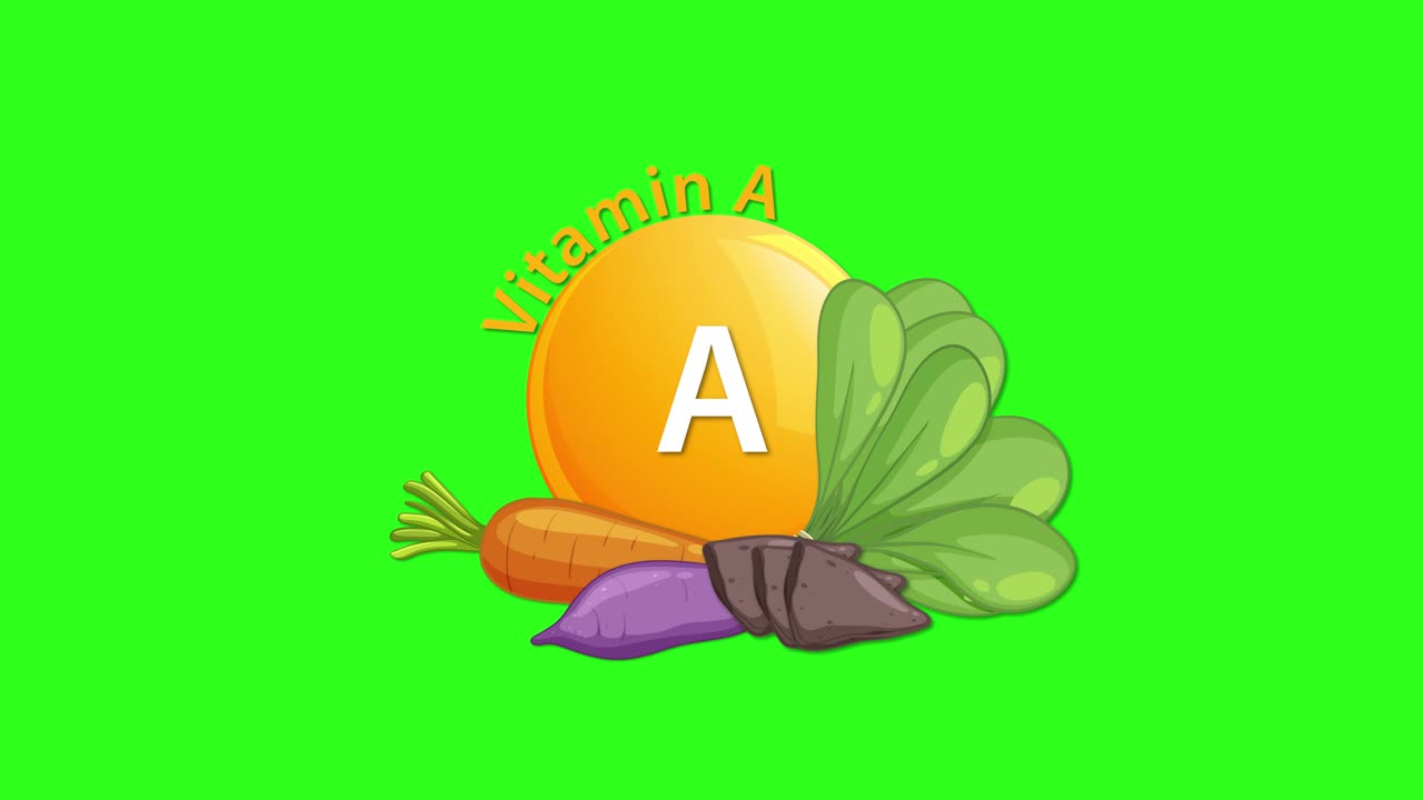 Animated vitamin A icon appears with leafy greens, carrots, and root vegetables on a bright green background. Smooth transitions and flat vector style