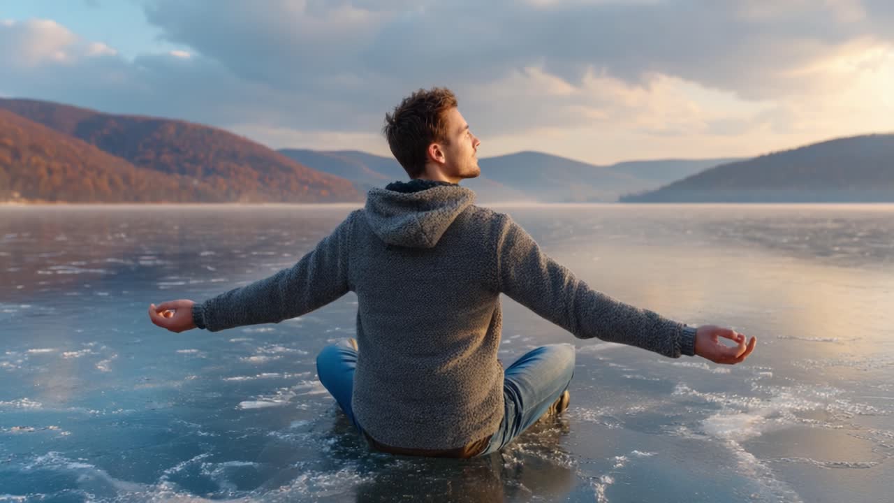 A Tranquil Moment of Reflection on a Frozen Lake: A Young Man Meditates in Peace Amidst Nature's Serene Beauty and Majestic Landscape