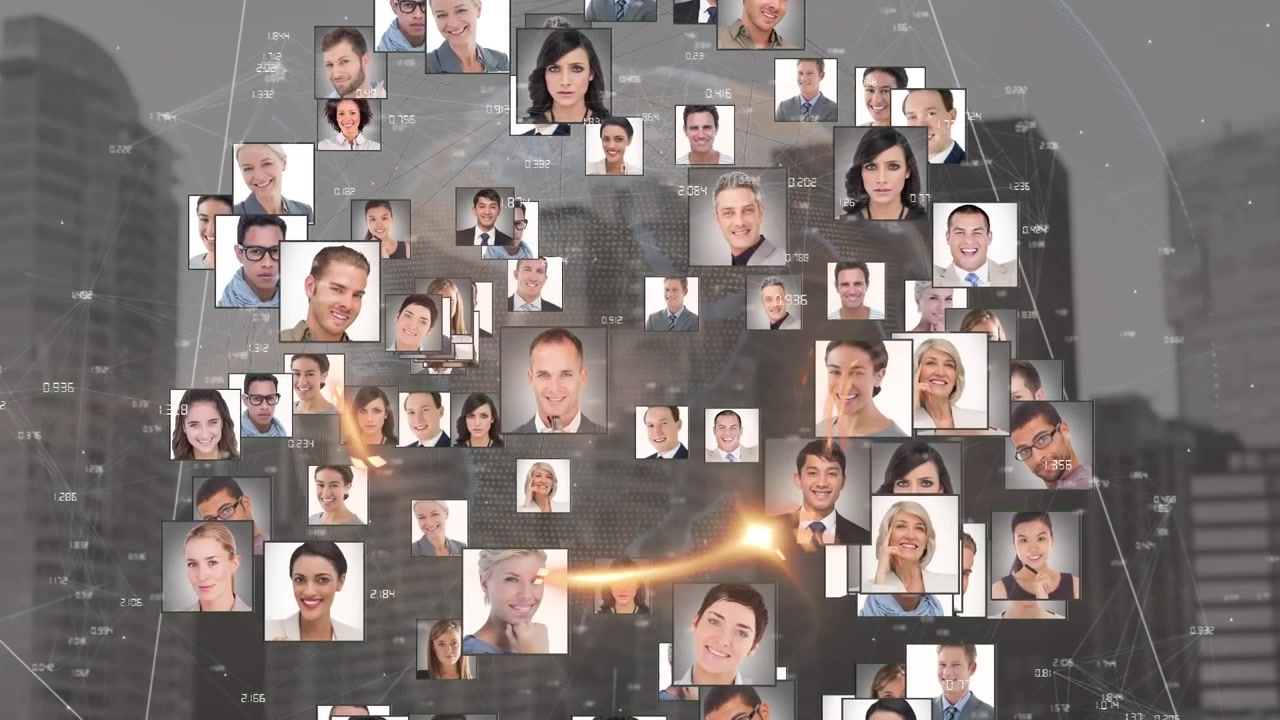 Animazione di icone di diverse persone e rete di connessioni su paesaggio urbano