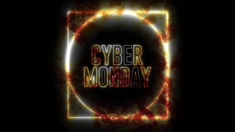 texto de "cyber monday" con animación de bucle de luz de neón. objeto creativo abstracto en el fuego, ardiendo humeante.