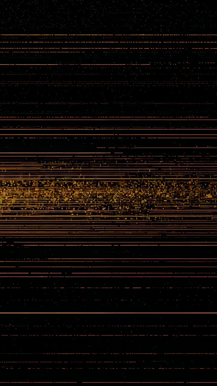 Vertical video: Flickering gold particle band pulsing from pixel noise on dark plane with streaks