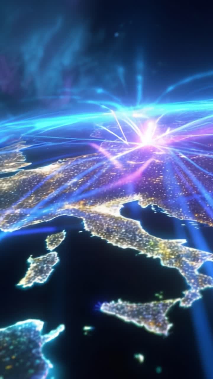 Una straordinaria rappresentazione visiva dell'Europa illuminata da vivaci scie luminose, che cattura l'essenza della connettività e della tecnologia moderna.