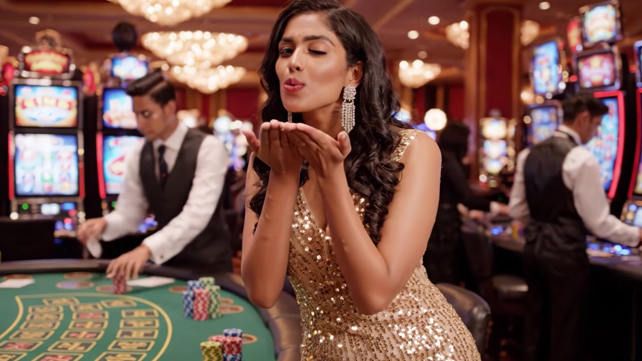 Noche de casino glamurosa: Una mujer deslumbrante con un vestido brillante captura la esencia del lujo y la emoción en un suntuoso ambiente de juego lleno de máquinas tragaperras y mesas de cartas.