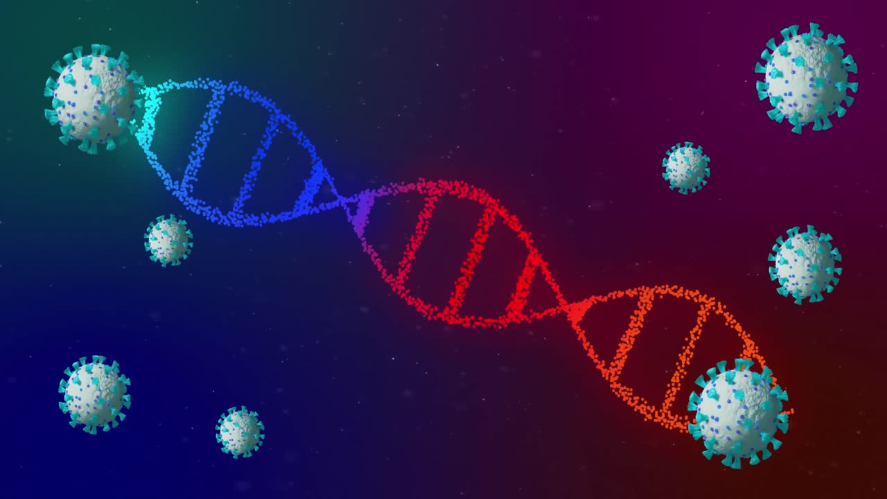 animación de las células de covid 19 que se mueven y la hilera de adn que gira