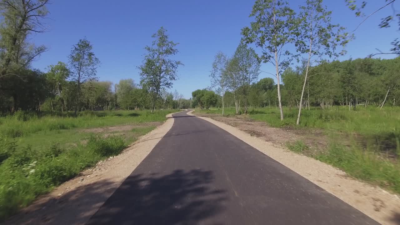 Volo basso di drone aereo sopra un sentiero tortuoso nel parco.