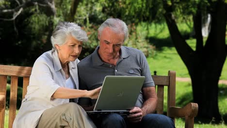 hombre y mujer ancianos mirando una computadora portátil sentados en un banco
