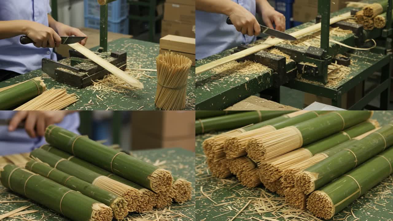 Craftsmanship in Action: The Process of Creating Bamboo Sticks from Raw Material, Showcasing Skilled Hands and Traditional Techniques