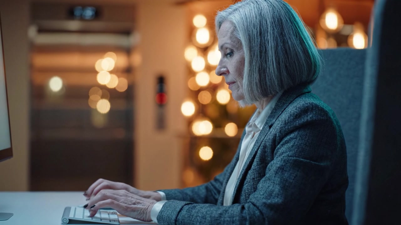 Focused Senior Professional Working Late at Night on Computer, Illuminated by Soft Ambient Lights, Showcasing a Modern Workplace Atmosphere