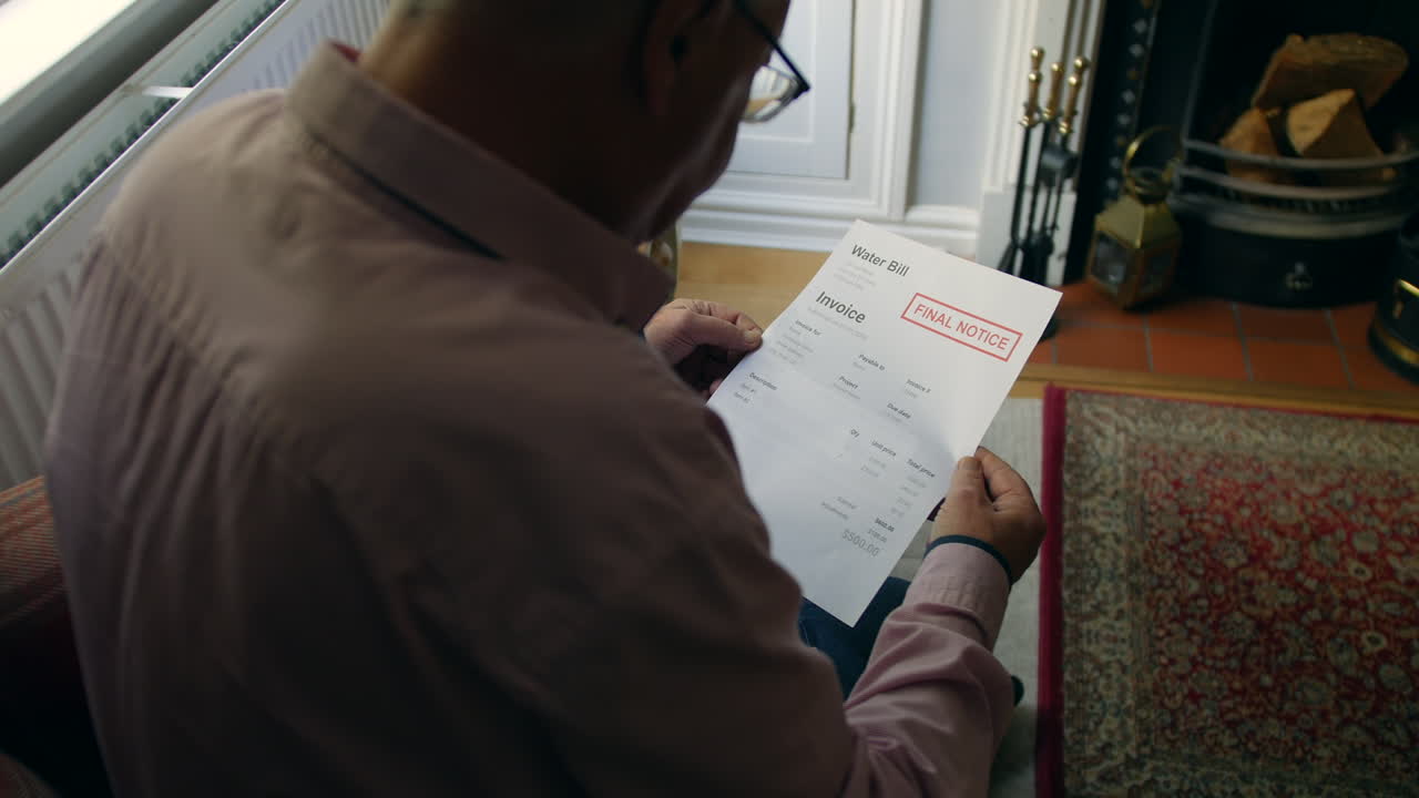 un anciano solitario abriendo una carta de deuda