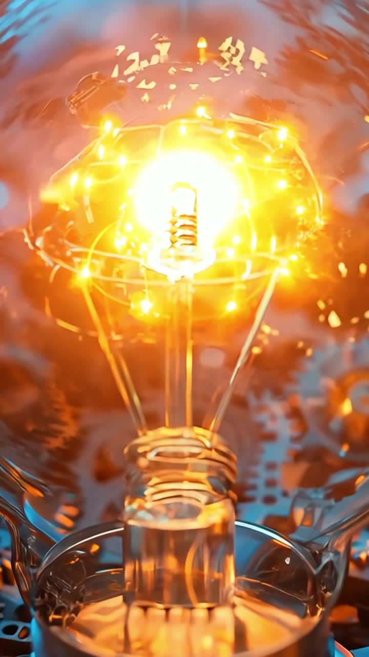 A light bulb is lit up in a dark room with a lot of machinery. The light bulb is surrounded by gears and other mechanical parts. Concept of innovation and creativity